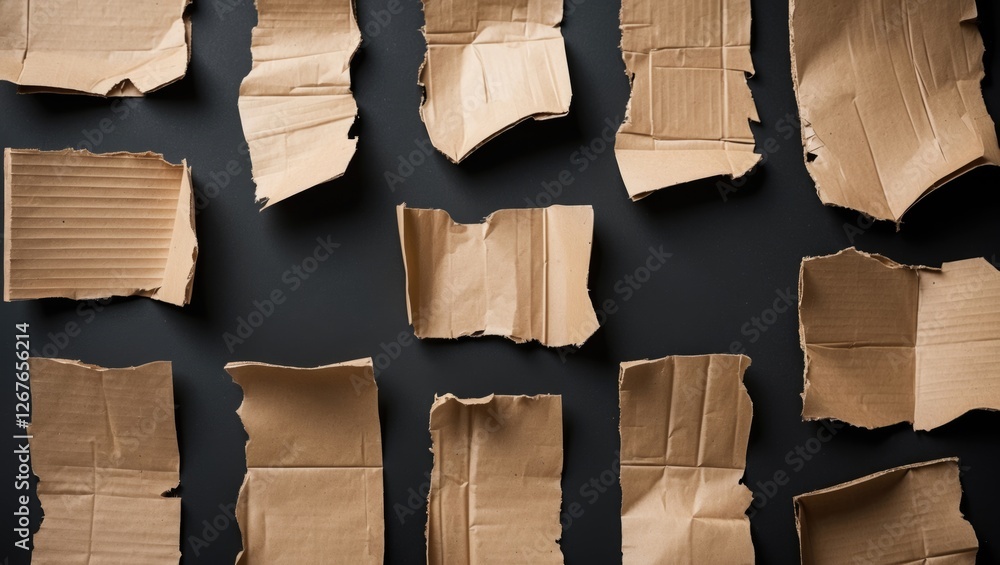Aufkleber torn cardboard pieces arranged on a black background with ample copy space for design or creative pr