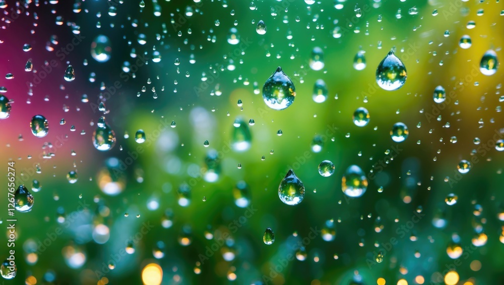 Poster blurry raindrops on glass creating an abstract background with vibrant green hues and soft bokeh eff