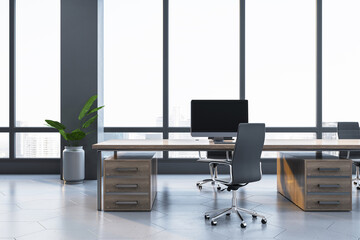 Modern office interior with wooden desks, black chairs, and large windows overlooking the city. Minimalist corporate workspace concept. 3D Rendering