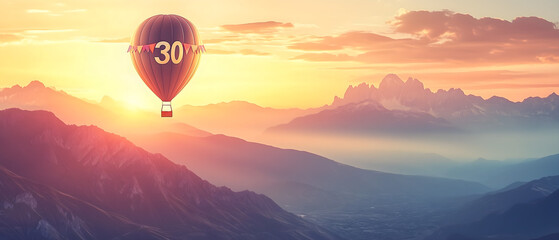 air balloon with 30 number over astonishing mountain aeral view; panoramic cloudscape and hills background; concept of thirty years old anniversary or birthday card  - obrazy, fototapety, plakaty