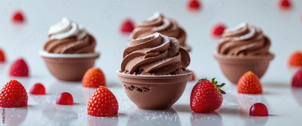 Poster Delicious Chocolate Swirl Ice Cream Cups Surrounded By Fresh Strawberries On A White Background Perfect For Dessert Promotions