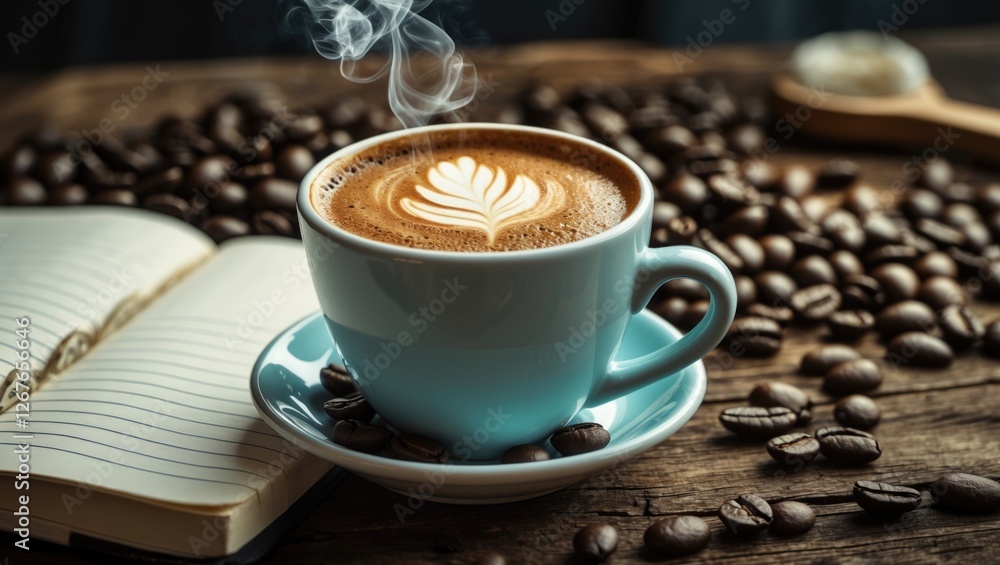 Poster coffee cup with latte art surrounded by coffee beans and a notebook on a wooden table creating a coz
