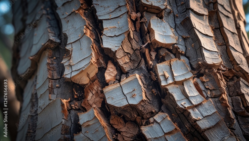 Poster textured closeup of rough tree bark showcasing natural patterns and light, ideal for backgrounds and