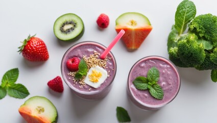 Naklejka premium Bright and Colorful Smoothie Bowls Surrounded by Fresh Fruits and Vegetables on a White Background