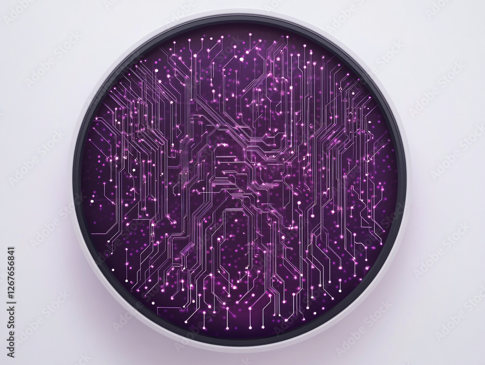 Poster a futuristic glowing purple circuit board inside a circular frame representing advanced technology d
