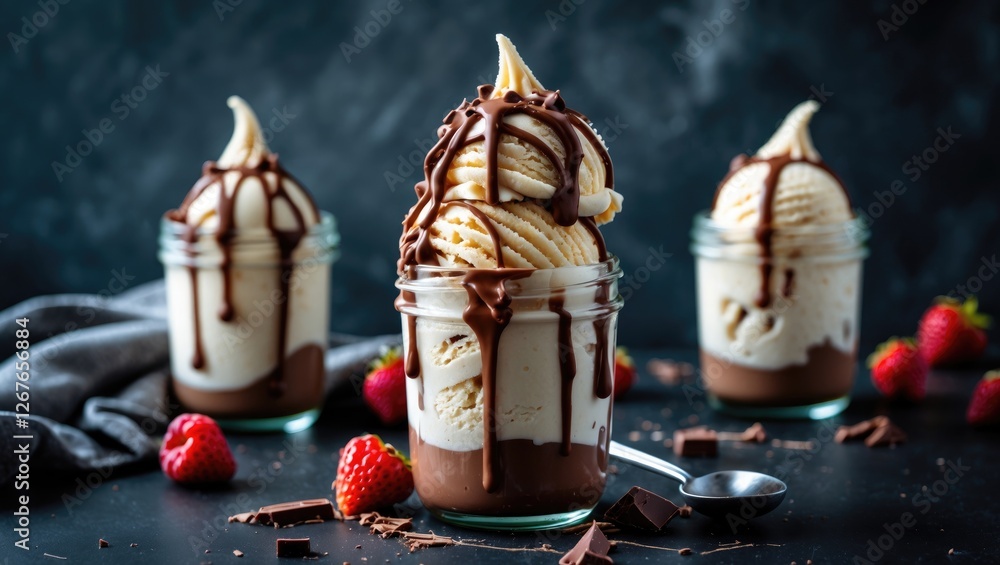 Poster chocolate ice cream topped with drizzled chocolate in jars surrounded by strawberries on dark backgr