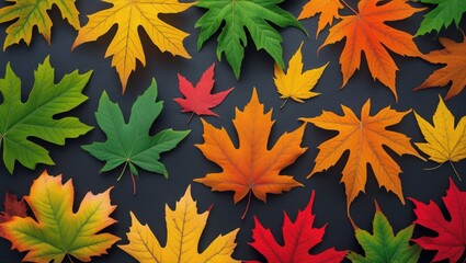 Fototapeta premium Vibrant Autumn Leaves in Vivid Colors of Green Yellow Orange and Red on Dark Background Ideal for Seasonal Decor and Nature Themes