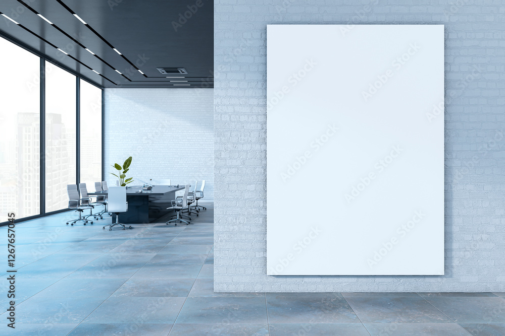 Poster modern office interior with a blank vertical canvas and a spacious conference room in the background