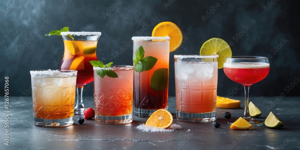 Poster colorful assortment of cocktails on table with fresh fruits and empty space for text overview