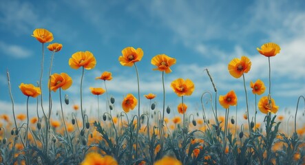 Naklejka premium Vibrant Corn Poppies Blooming Under Bright Blue Sky With Ample Space For Text Ideal For Nature Themes And Seasonal Promotions