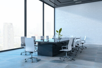 Modern conference room with large glass windows and sleek furniture in a corporate office setting. 3D Rendering
