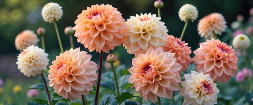 Elegant Light Orange and Peach Dahlia Flowers Blooming in a Lush Garden Setting with Room for Text Overlay or Caption
