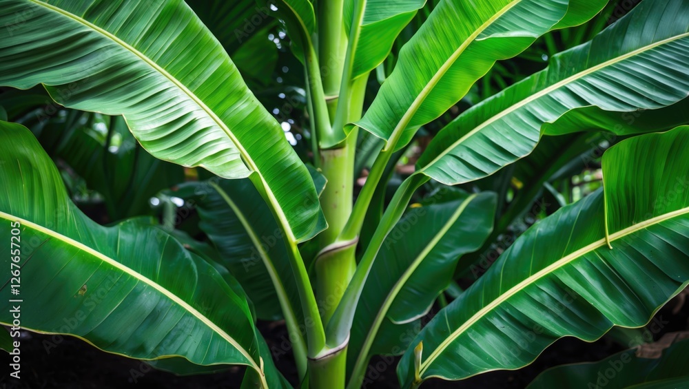 Poster vibrant close-up of lush green banana leaves creating a natural background showcasing the intricate 