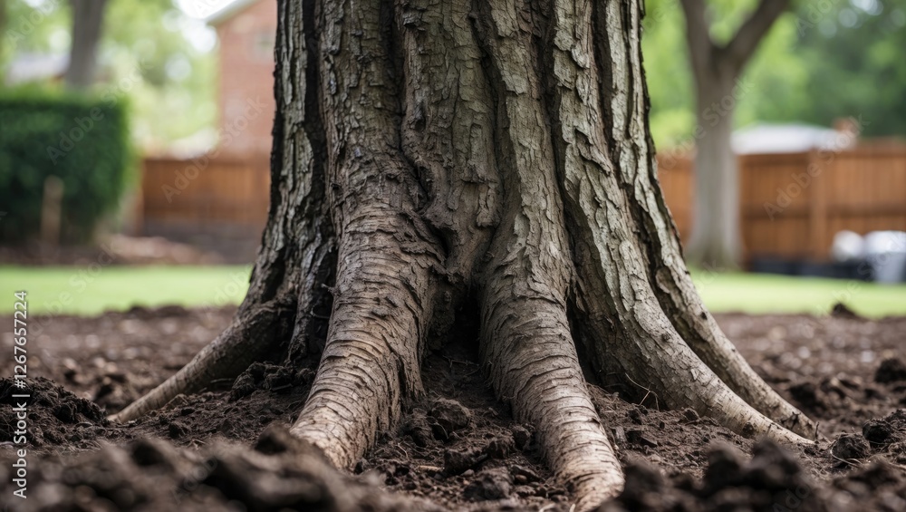 Aufkleber close-up view of tree trunk and roots emerging from rich dark soil in a lush backyard setting