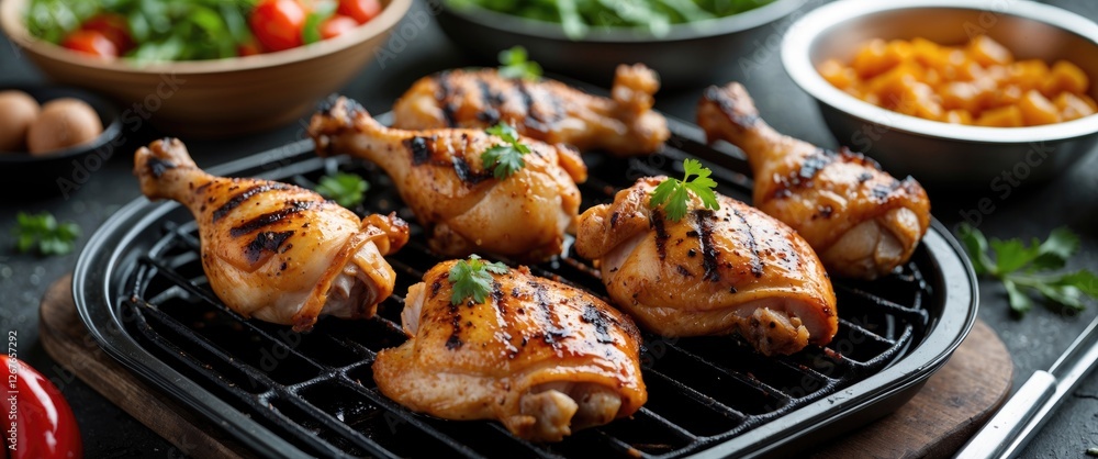 Poster grilled chicken drumsticks on a barbecue grill with fresh vegetables and empty space for text in a s
