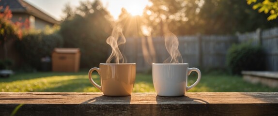 Obraz premium Steaming Coffee Mugs on Wooden Table in Sunny Backyard with Natural Light and Space for Text or Branding