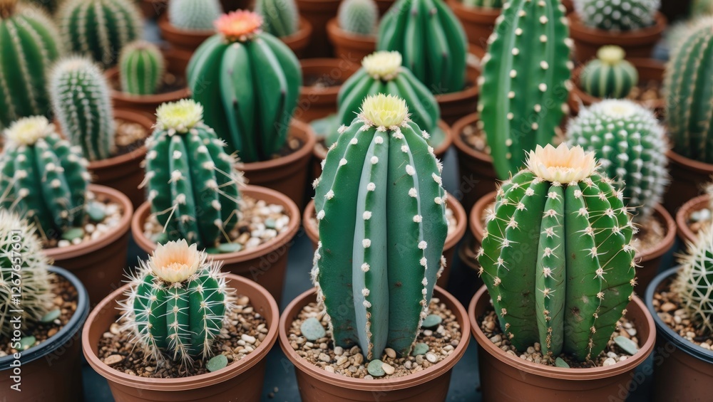 Poster close-up view of vibrant green cacti in brown pots displaying varied shapes and textures with space 