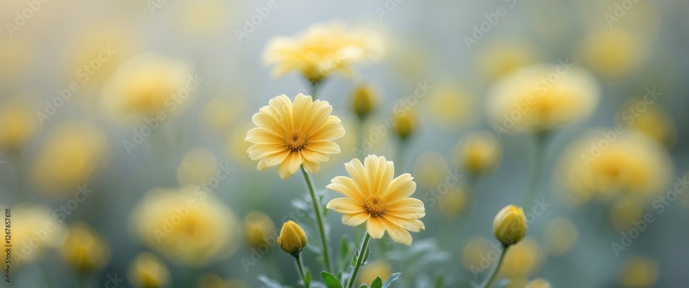 Poster vibrant yellow flowers in soft focus with a serene background ideal for adding text or captions to c