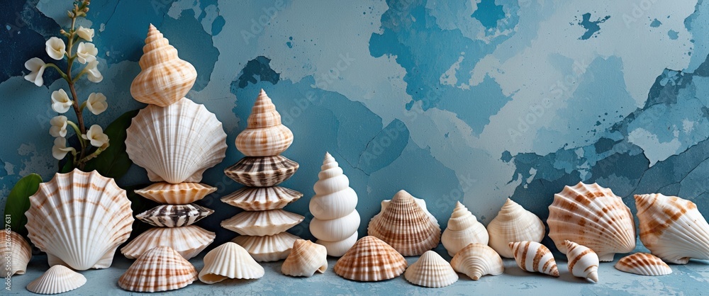 Poster decorative arrangement of various seashells on blue background with orchid and space for texturing o