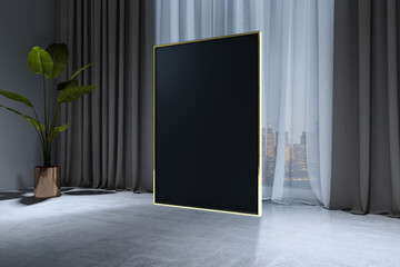 Large vertical black framed canvas standing in modern interior near window at night. 3D Rendering