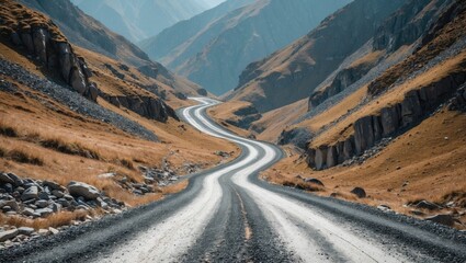 Winding Gravel Mountain Road Through Scenic Landscape. Adventure Travel and Journey Concept in Nature Exploration.
