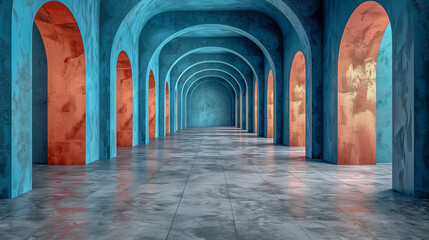 Symmetric Arched Hallway in Blue and Orange