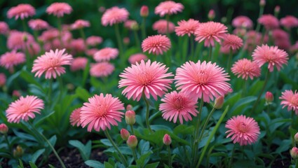 Obraz premium Vibrant pink tsinia flowers blooming in a lush green flowerbed creating a stunning botanical backdrop for nature enthusiasts and gardeners