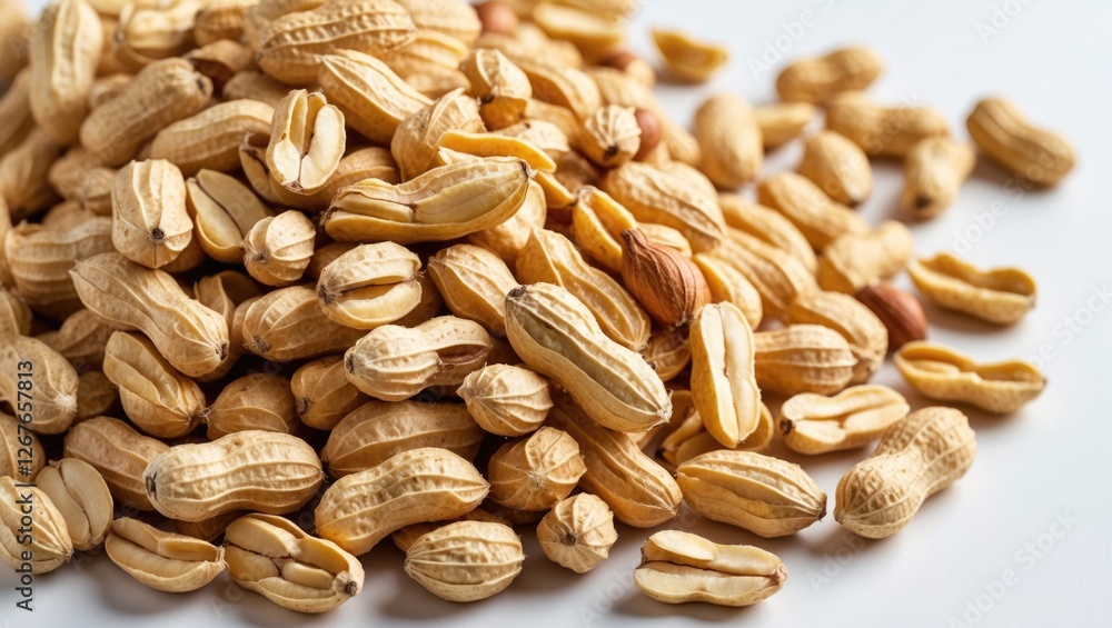 Poster close-up of a heap of shelled peanuts showcasing their texture and natural color on a clean white ba