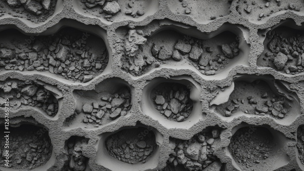 Poster abstract cement texture with uneven surfaces and rock formations in monochromatic black and white fo