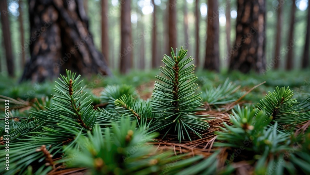 Poster close up of vibrant green pine needles creating a lush forest floor atmosphere with tall trees in th
