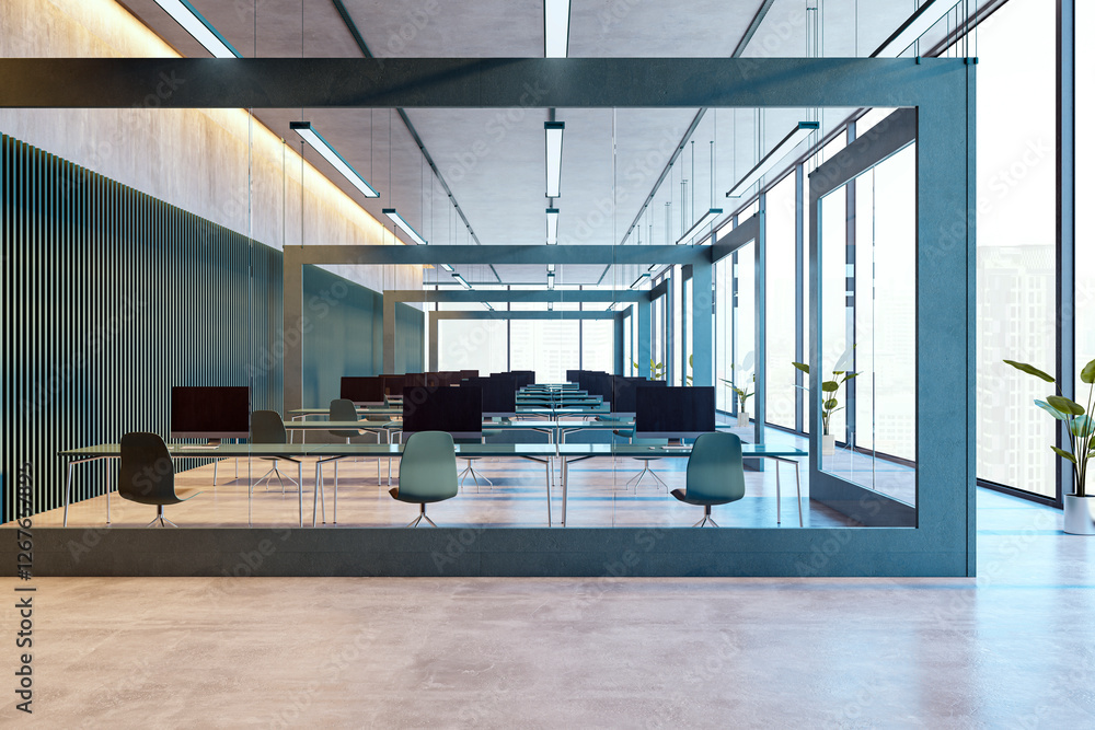 Poster modern empty office interior with glass partitions and city view. 3d rendering