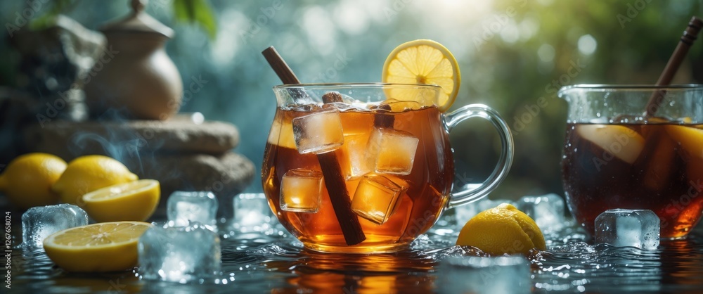 Poster refreshing iced tea with lemon and ice cubes perfect for quenching thirst on a warm day in a serene 