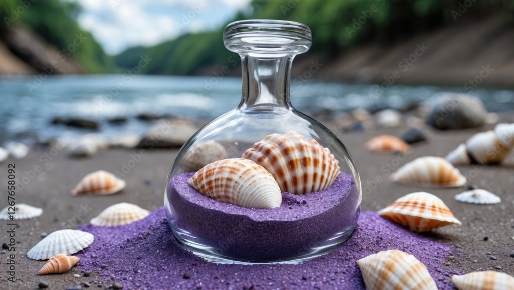 Poster glass flask filled with seashells and purple sand by riverbank with empty space for text ideal for r