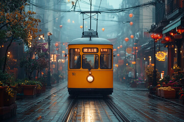 Obraz premium Vintage Trolley Glides Through Lantern-Lit Streets in a Misty Chinatown