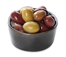 Delicious marinated olives in bowl isolated on white