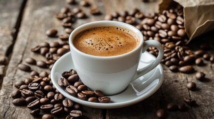 Cup of freshly brewed coffee surrounded by coffee beans on a rustic wooden surface, creating a cozy coffeehouse atmosphere.