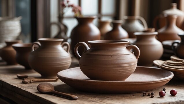 Artisan Pottery Collection Featuring Traditional Brown Clay Vessels on Wooden Table Showcase Decorative and Functional Pottery Crafts
