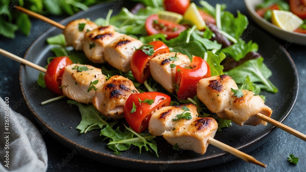 Poster grilled chicken skewers with fresh salad and vegetables on a plate with copy space for text