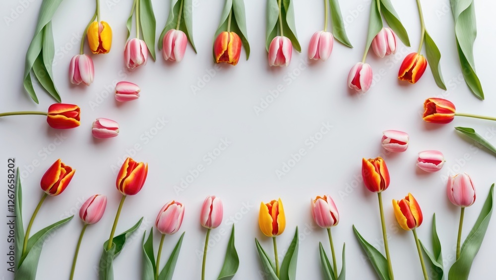 Poster spring tulip floral arrangement on white background with empty space for text ideal for minimalist d