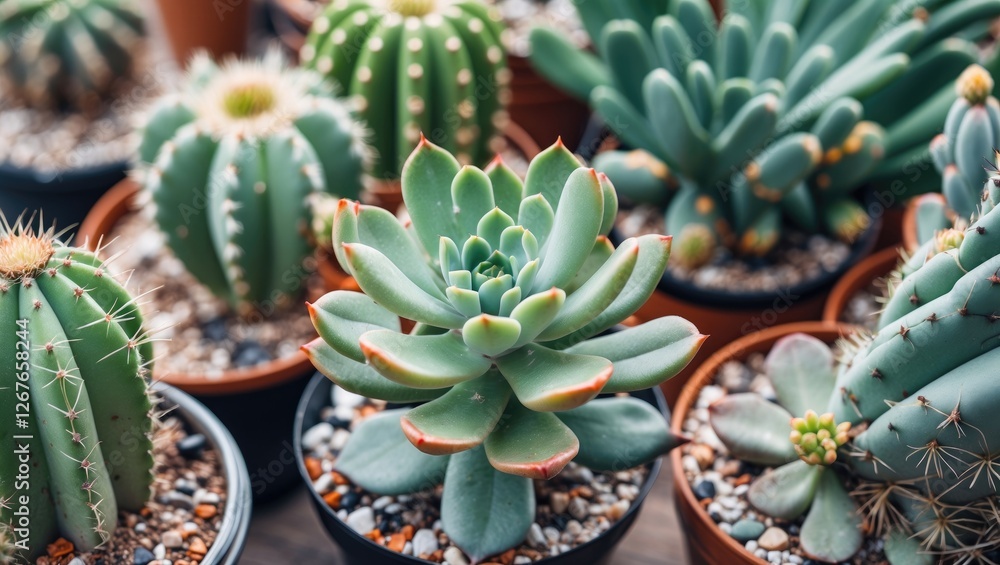 Aufkleber vibrant collection of cacti and succulents in pots with natural texture and space for custom text or