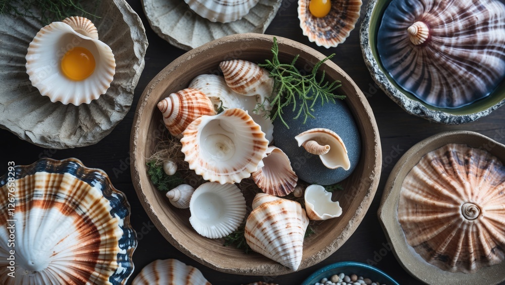 Poster colorful seashells arranged in natural bowls with greenery and empty space for textual overlay or de