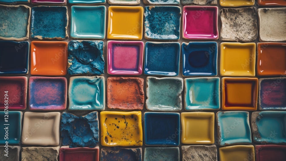 Poster vibrant mosaic tile arrangement showcasing an array of colors and textures ideal for backgrounds and