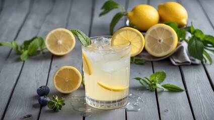 Refreshing Lemonade with Fresh Fruits on a Rustic Grey Wooden Table Garnished with Mint Leaves and Blueberries