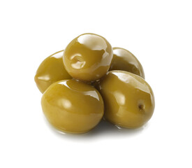 Delicious marinated green olives isolated on white