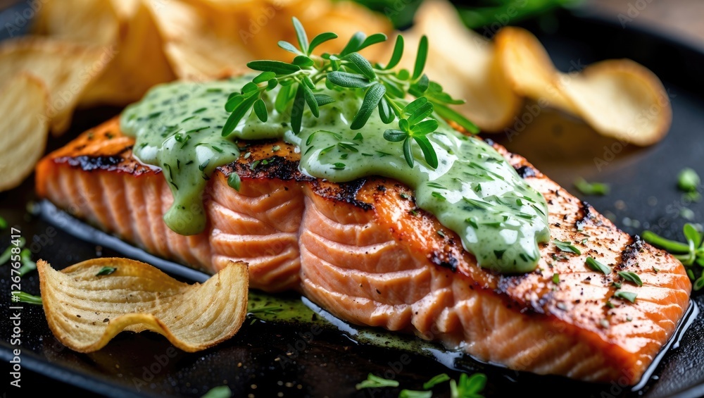 Poster grilled salmon steak with tarragon sauce and potato chips on a black plate with empty space for text