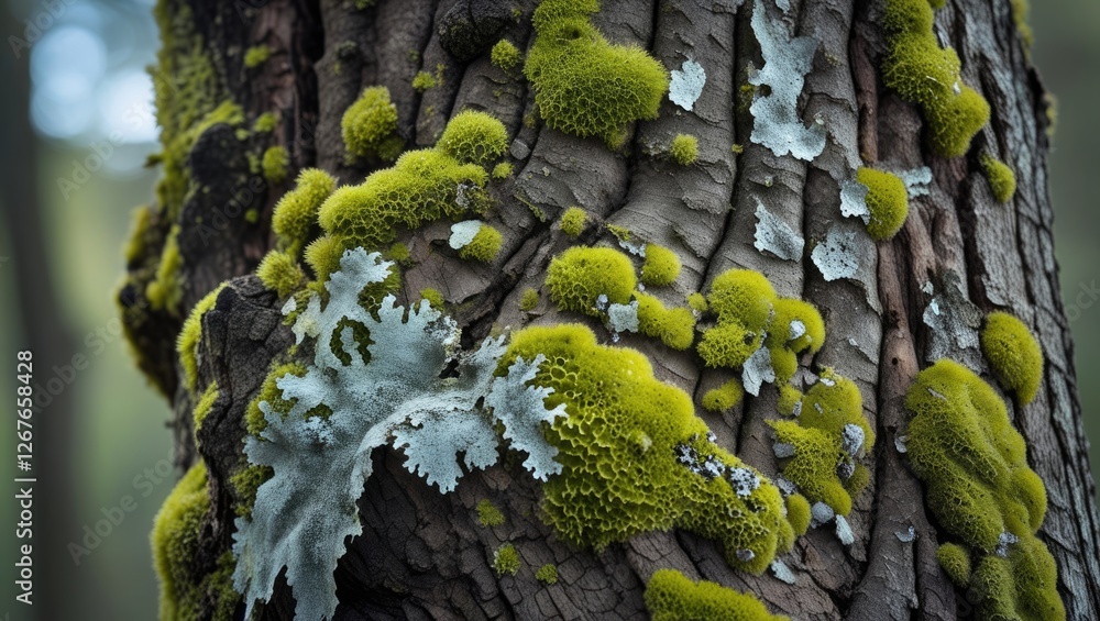 Poster moss and lichen thriving on an aged tree trunk showcasing intricate textures and vibrant colors in a