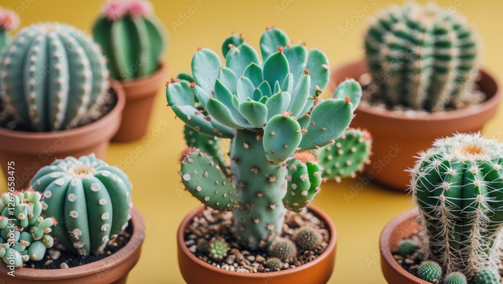 Poster succulent cactus collection in pots against vibrant yellow background with empty space for custom te