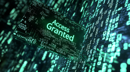 High-tech cybersecurity concept with futuristic green access granted message and glowing digital binary code representing encryption cyber protection and network authentication in a virtual space