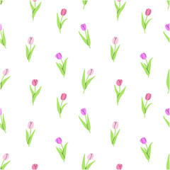 Obraz premium Seamless pattern with pink tulips on a white background. illustration background. Flat illustration.