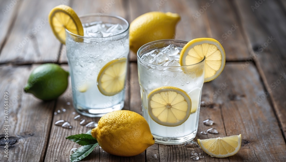 Poster refreshing cold lemonade in glasses with fresh lemons on rustic wooden table and space for text or b